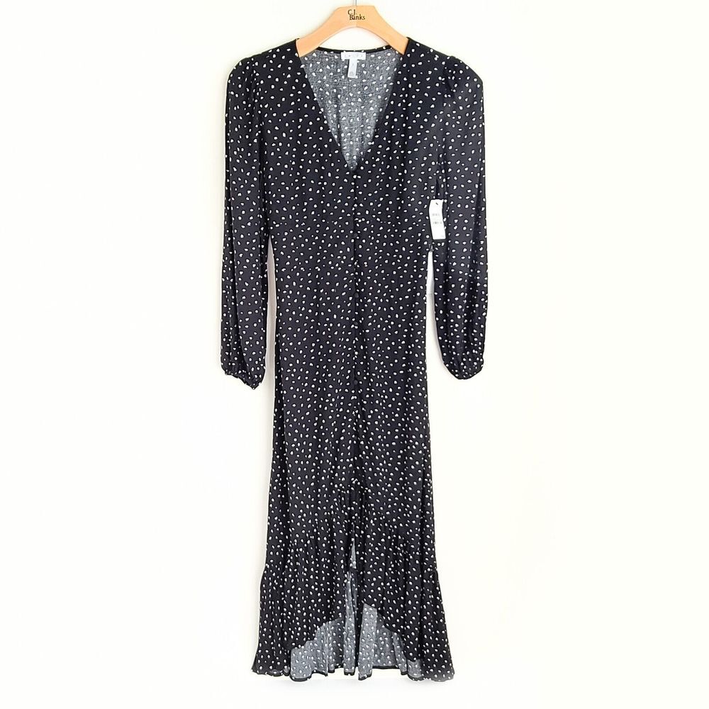 Leith Black Spaced Sketch Ditsy Dot Maxi Dress Womens S Button Front Brand New